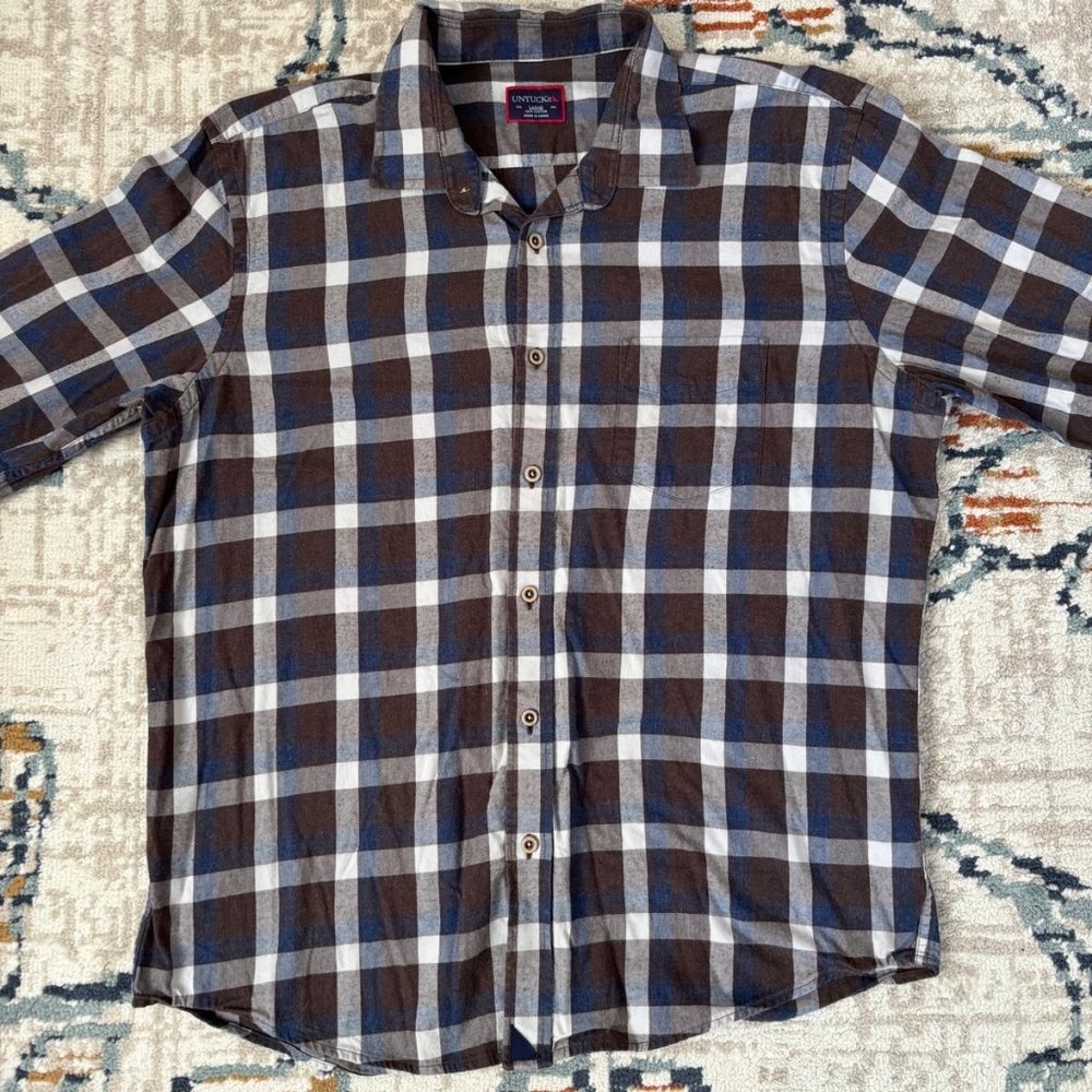 UNTUCKit Men's Large 100% Cotton Button Up Brown/Blue/White